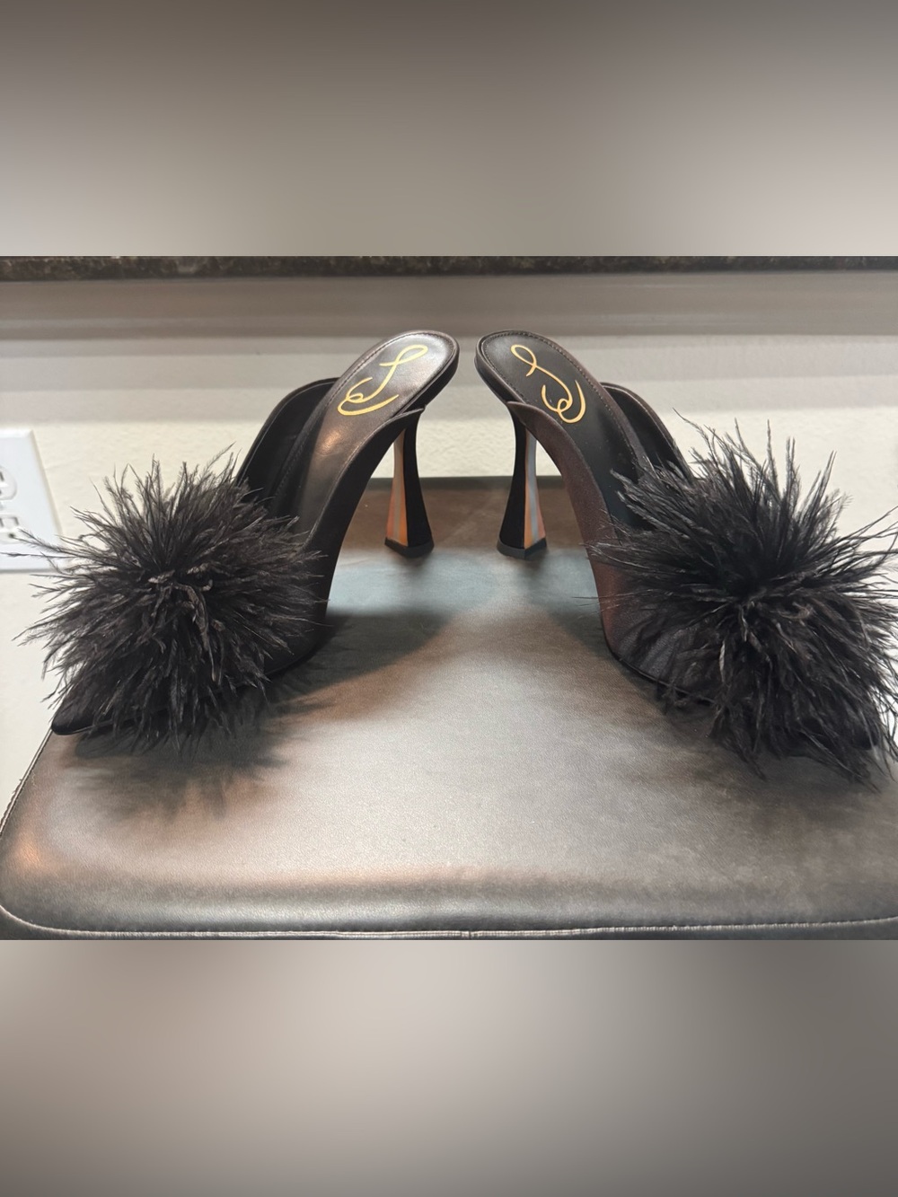 Sam Edelman Black Feather Pom Slip-On Mules - Picture 3 of 8